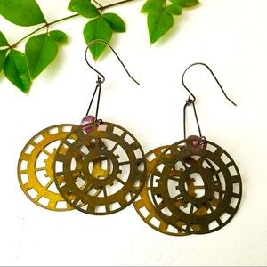 Lavender & Round Brass Discs Dangle Earrings